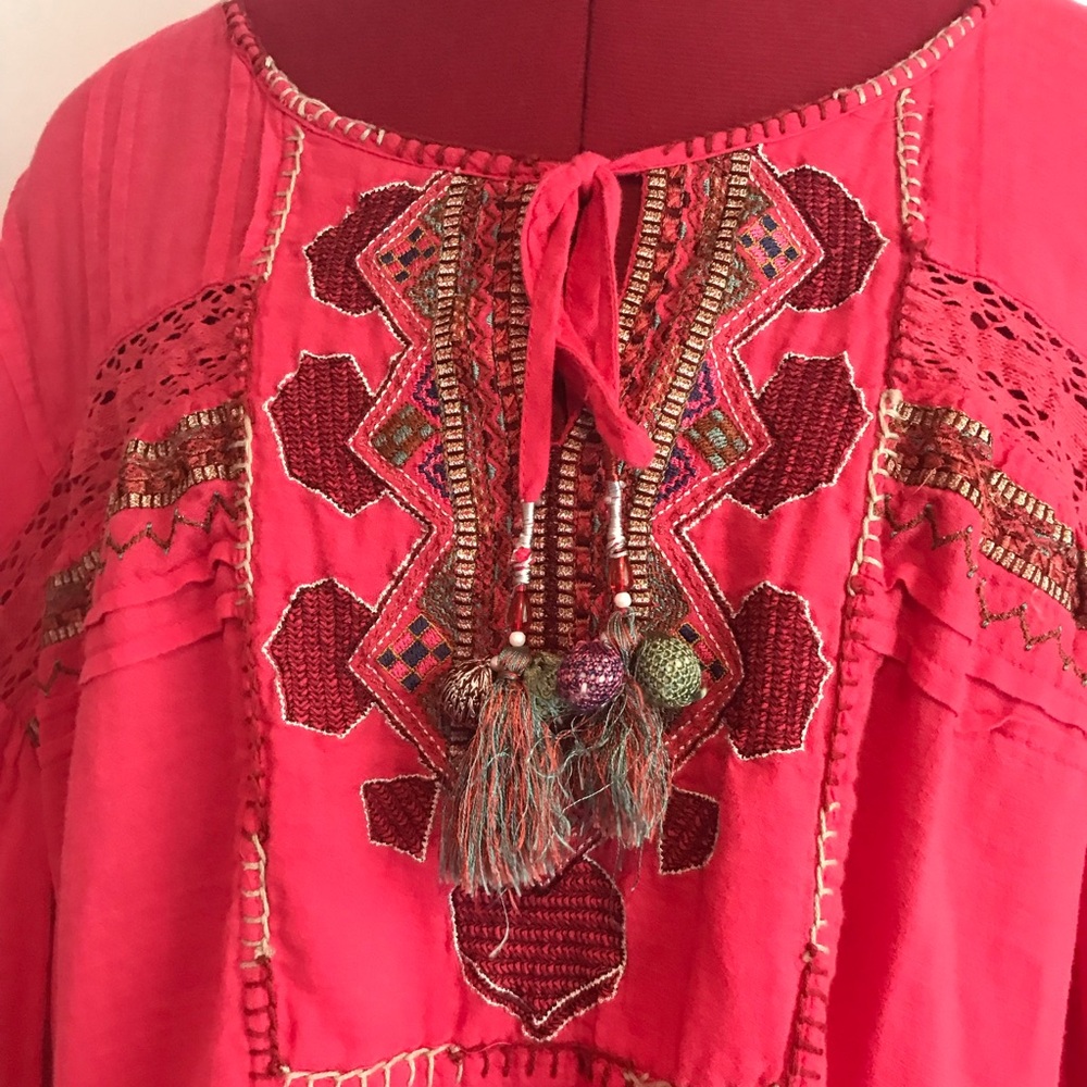 Sundance Coral Red Embroidered Boho Blouse - Picture 12 of 13